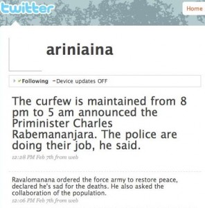Ariniaina showing great courage and updating her Twitter hourly during the crisis in Antananarivo