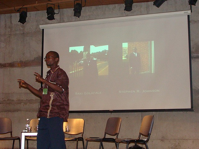 Nat Bayjay presenting presenting Ceasefire Liberia at the GV Summit. Image by Kowshik Ahmed, CC BY