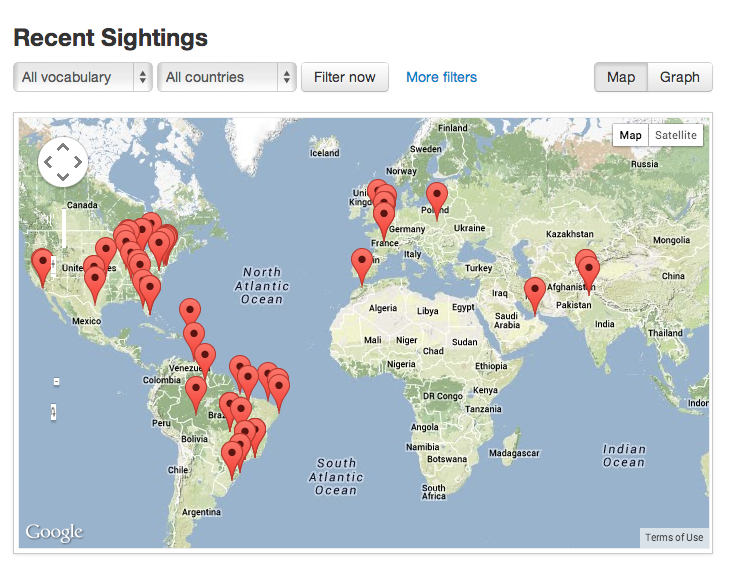 Screenshot of Hatebase's map of "recent sightings" of hatespeech around the world, based on crowd-sourced entries uploaded to the database.