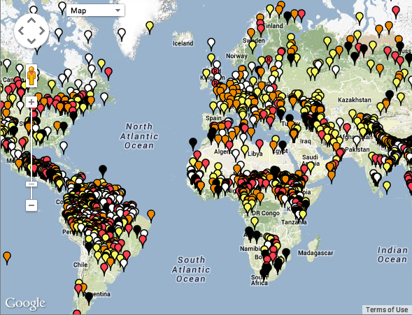 A segment of UNESCO's map of endangered languages (screenshot 20 Feb 2014).