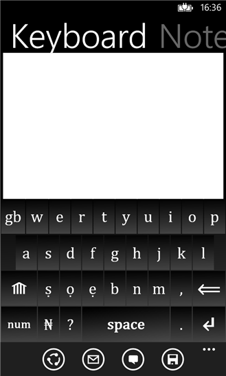 Captura de pantalla de «Yoruba Keyboard», una aplicación que sustituye el teclado para poder escribir en yoruba, lengua disponible en el SO Windows Phone. Foto de Nuges Apps con licencia CC BY 2.0.