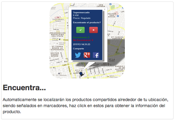 Screenshot of the Abastéceme app, used with permission. It reads, "Find... Products shared around your location will automatically pop up, indicated with pointers. Click on these to receive information on the product." 